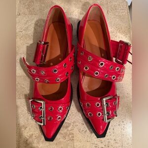 Red Grommet Strap Pointed-Toe Flats, size 8